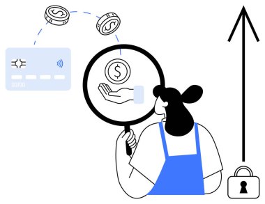 Kadın mali verileri büyüteçle, altını çizerek ve kredi kartıyla inceliyor. Sağ ok ve asma kilit büyüme ve güvenliği gösteriyor. Finans, yatırım, bankacılık ve güvenlik için ideal