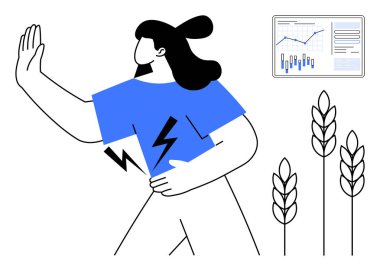 Karın ağrısı çeken bir kadın, tek eliyle dur işareti yapıyor. Yakınlarda grafikler ve üç arpa sapını gösteren bir veri tablosu var. Sağlık, sindirim, ağrı, ilaç, veri için ideal