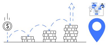 Zıplayan bozuk paralarla uzayan madeni paralar, online alışveriş ikonlu ecommerce alışveriş arabası ve bir lokasyon rozeti. Finans, yatırım, ecommerce, iş büyümesi için ideal