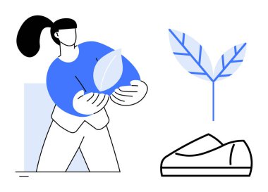 At kuyruklu birinin elinde mavi bir yaprak var. Yakınlarda, tek bir ayakkabı ve büyük bir yaprak sembolü sürdürülebilirliği vurguluyor. Çevre kampanyaları, çevre dostu ürünler, yeşil yaşam, şirket için ideal