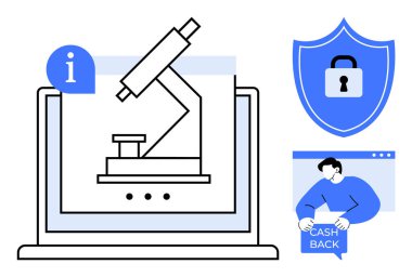 Mikroskop grafikli dizüstü bilgisayar, kilitli kalkan ve nakit saklayan kişi eğitim, bilim, araştırma, finansal güvenlik ve veri koruması Modern düz vektör tarzı için ideal imza.
