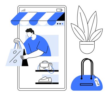 Seyyar uygulama ekranında alışveriş torbaları taşıyan müşteri. İçinde ürün listeleri, el çantası ve saksı bitkisi var. E-ticaret, mobil uygulamalar, çevrimiçi alışveriş, dijital pazarlama, perakende, teknoloji için ideal