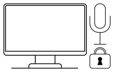 Bilgisayar monitörü, mikrofon ve asma kilit çizimi. Siber güvenlik, güvenli iletişim, çevrimiçi mahremiyet, veri koruması, podcasting yayını ve IT güvenlik temaları için ideal. Satır metaforu