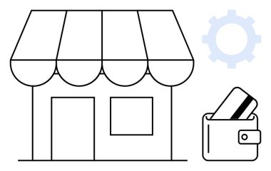Tenteli küçük bir dükkan, bitişiğindeki cüzdanda kredi kartı ve arka planda teçhizat var. Perakende, finans, e-ticaret, iş stratejisi, girişimcilik, ödeme işlemleri için ideal