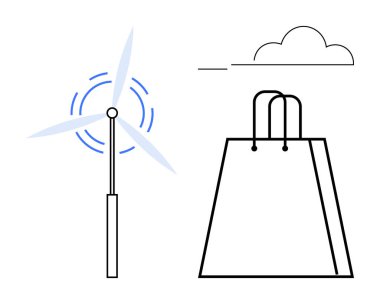 Rüzgar türbini enerji üretiyor, alışveriş torbası minimum bulut altında. Yenilenebilir enerji, sürdürülebilirlik, çevre dostu ürünler, çevre koruması, yeşil teknoloji, temiz enerji için ideal