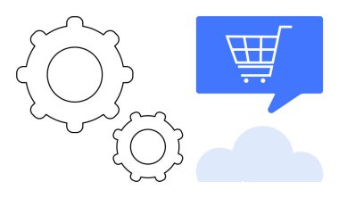 Ayarları ve süreçleri temsil eden vitesler, e-ticareti gösteren alışveriş arabalı mavi konuşma balonu ve açık mavi bulut paylaşım teknolojisi. Teknolojik çözümler ve e-ticaret sistemleri için ideal