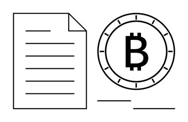 Çemberin içinde çizgileri olan bir belgenin yanında Bitcoin sembolü var. Finans, kripto para birimi, engelleme zinciri, dijital para birimi, mali belgeler, yatırımlar, teknoloji makaleleri için ideal. Satır metaforu