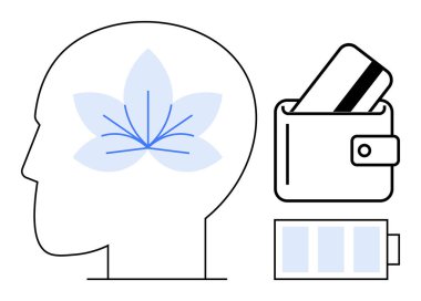 İçinde çiçek olan insan kafası, cüzdanın yanında finans gösteren bir kredi kartı ve enerjiyi sembolize eden bir pil ile farkındalığı temsil eder. Ruh sağlığı, finans yönetimi ve enerji için ideal