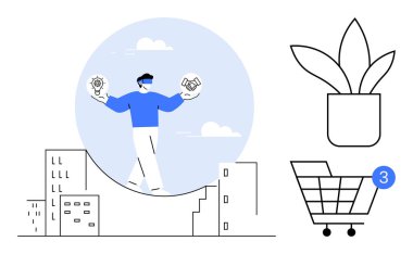 Ampul ve tokalaşma simgelerini dengeleyen bir adam, tebligat ve saksı bitkisiyle alışveriş arabası. İş çözümleri, ortaklıklar, e-ticaret, beyin fırtınası, modern yaşam tarzı için ideal.