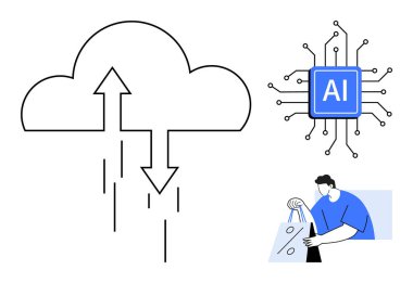 Yapay zeka çipinin ve online alışverişin yanındaki okları yükle ve indir. Bulut hesaplama, yapay zeka, e-ticaret, veri yönetimi, teknoloji, çevrimiçi perakende, gelecek için ideal
