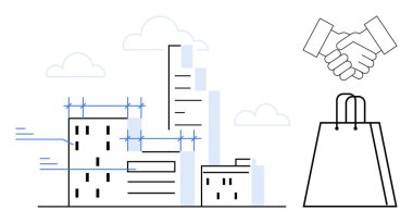 İnşaat halindeki binalar, anlaşmayı sembolize eden el sıkışma ve ticareti temsil eden alışveriş çantasıyla şehir manzarası. Kentsel planlama, gayrimenkul, iş ortaklığı, ticaret ve perakende için ideal