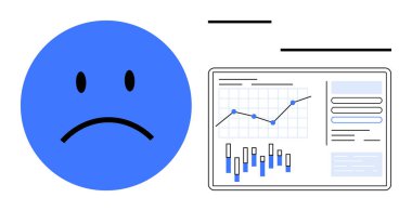 Düşen çizgi grafiği ve çubuk grafiğini gösteren dijital ekranın yanında mavi hüzünlü yüz ifadesi. Sunumlar, iş raporları, performans değerlendirmeleri, ekonomik tahminler, pazar analizleri için ideal