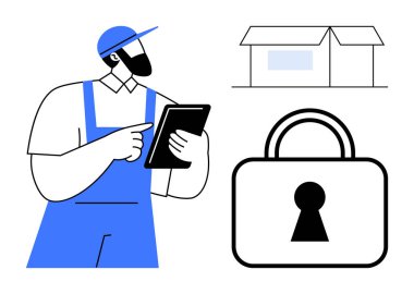 Kapüşon takan ve elinde tablet tutan bir teslimatçı. Evin ve asma kilit ikonlarının yanında. Lojistik, ev güvenliği, ulaşılamayan dağıtım, teknoloji, paket takibi, online alışveriş, güvenli