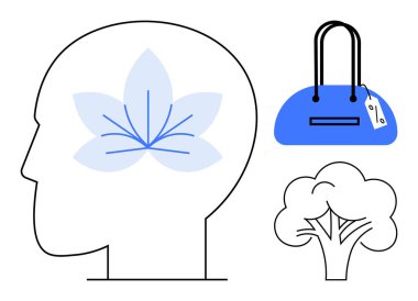 İçinde çiçek olan insan kafası silueti etiketli mavi el çantası ve ağaç. Akıl sağlığı, farkındalık, alışveriş, doğa, çevre ve refah için idealdir. Satır metaforu