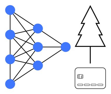 Nöral ağ düğümlü diyagram, bir ağaç sembolü ve bir kredi kartı. Sinirsel ağlar, veri analizi, finans teknolojisi, dijital işlemler, yapay zeka öğrenme bağlantıları için idealdir. Satır metaforu
