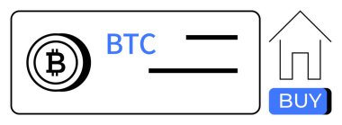 Bitcoin logosu, BTC metni, veri alanlarını gösteren yatay çizgiler, satın alma tuşu, ev simgesi. Kripto para ticareti için ideal, çevrimiçi ödemeler, yatırım uygulamaları, e-ticaret platformları, fintech