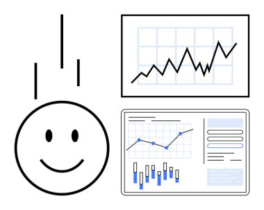 Yükselen eğilimleri olan iki tablonun yanında yukarı doğru hareket eden çizgilerin altında gülümseyin. Ticari büyüme, mali başarı, pozitif ölçüler, motivasyon araçları, veri analizi, performans iyileştirmesi için ideal