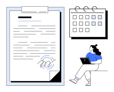 Otururken dizüstü bilgisayar kullanan bir kadın, işaretli tarihli bir takvim, mavi arka planı olan imzalı bir belge. Üretkenlik, zamanlama, zaman yönetimi, uzak çalışma, proje planlaması için ideal