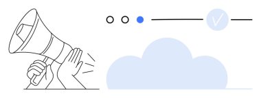 Ellerinde megafon var. Bildirim, ilerleme göstergeleri, bulut, kontrol işareti yayıyorlar. Dijital pazarlama, iletişim, proje yönetimi, bildirimler, bulut teknolojisi ağı için ideal