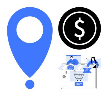 Mavi lokasyon rozeti, siyah dolar işareti ve satın alma düğmesi ve nakit ödeme teklifleri de dahil olmak üzere online alışveriş ikonları. Finans, e-ticaret, dijital pazarlama, çevrimiçi işlemler, alışveriş uygulamaları için ideal