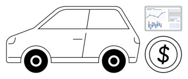 Finansal tablonun yanında çizelgeler ve büyük bir dolar işareti var. Mali analiz, araba satışları, otomobil sektörü raporları, bütçe, ekonomi, pazarlama ve ulaşım maliyetleri için ideal