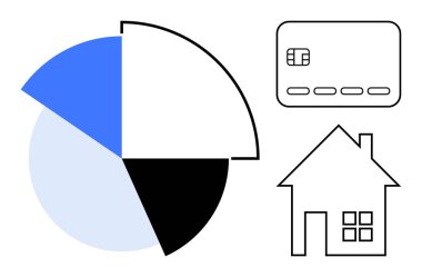 Üç bölümlü turta şeması, kredi kartı ve ev özeti. Finansal planlama, bütçe, yatırım, ev kredisi, borç yönetimi kredi kartı kullanımı kişisel finans için idealdir. Satır metaforu
