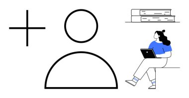 Dizüstü bilgisayarda okuyan mavi gömlekli kişinin yanında kullanıcı profili simgesi, yukarıdaki kitaplık. Eğitim, çevrimiçi öğrenme, kullanıcı kaydı, dijital kimlik, bilgi paylaşımı, kullanıcı deneyimi için ideal