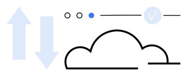 Geniş yukarı ve aşağı okları olan soyut tasarım, bulut çizgisi, üç küçük daire ve bir işaret. Bulut hesaplama, veri transferi, çevrimiçi hizmetler, ağ oluşturma, depolama çözümleri için ideal