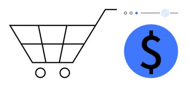Alışveriş arabası ana hatları mavi dolar işaretinin yanında çevrimiçi alışveriş, dijital ödeme ve e-ticaret etkileşimini temsil ediyor. Alışveriş, finans, e-ticaret, pazarlama ve dijital için ideal