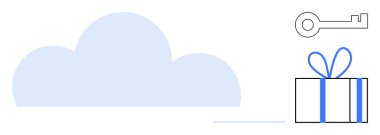 Açık mavi bulut, gri anahtar ve mavi fiyonklu hediye kutusu. Bulut depolama, veri güvenliği, şifreleme, ödüller, online güvenlik siber koruması için ideal bir hediye. Satır metaforu