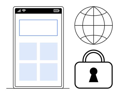 UI elementlerini gösteren akıllı telefon ağı sembolize eden bir küre ve güvenliği simgeleyen bir asma kilit. Mobil teknoloji, internet erişimi, çevrimiçi güvenlik, web gezinti, dijital iletişim için ideal