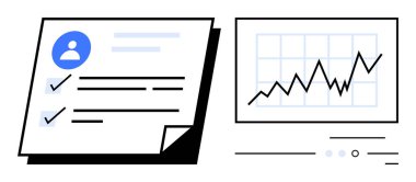 Görevlerin yanında kontrol işaretleri olan kullanıcı profili, yukarı doğru eğilimi gösteren bir çizgi grafiğinin yanında gösterilmiştir. Veri analizi, işletme, üretkenlik, istatistik, kullanıcı yönetimi, büyüme izleme için ideal
