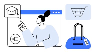 Online eğitim sitesinde etkileşim halinde olan bir kadın mezuniyet şapkası ikonunu işaret ediyor. Eşlik eden alışveriş arabası ve el çantası ikonları. E-öğrenim, çevrimiçi alışveriş, eğitim, web siteleri, dijital için ideal