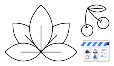 Beş yapraklı nilüfer çiçeği sapında bir çift kiraz ve mavi elementlerle çevrimiçi mağaza önü. Sağlık, doğa, alışveriş, çevrimiçi iş, gıda botaniği ve e-ticaret için ideal. Satır metaforu