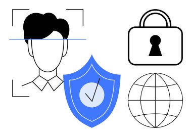 Yüz taraması, güvenlik kalkanı işaretli, asma kilit ve küre. Siber güvenlik, gizlilik koruması, kimlik doğrulama, veri şifreleme, online güvenlik küresel