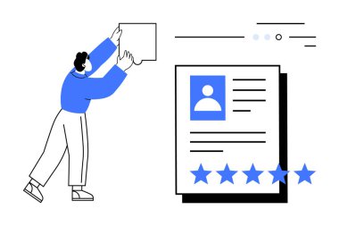 Derecelendirme sembolünü beş yıldızlı bir profilin üstüne koyan kişi. İş başvuruları, performans değerlendirmeleri, müşteri geribildirim, profesyonel ağ, insan kaynakları, askere alma için ideal