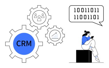 CRM 'li üç vites, kullanıcı simgesi ve tabletli ve ikili kodlu kadının yanında büyüme grafiği. İş stratejisi, müşteri desteği, yazılım, takım yönetimi, analitik ve teknik çözümler için ideal