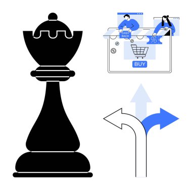 Satranç taşı satın alma düğmesi ve yönü belirten oklarla çevrimiçi alışveriş arayüzünün yanındaki stratejiyi sembolize ediyor. Strateji, e-ticaret, alışveriş, karar verme, pazarlama, satış için ideal