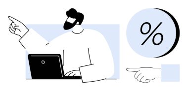 İşadamı, yüzde sembolü olan bir dizüstü bilgisayar üzerinde çalışırken işaret ediyor. Ticari büyüme, satış raporları, sunumlar, finans, pazarlama stratejileri ve veri analizleri için ideal. Satır metaforu