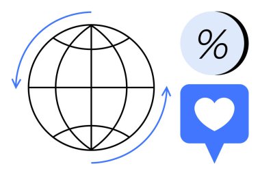 Döndürme okları olan dünya, yüzde işareti, veri ölçümlerini temsil eden konuşma baloncuğunda kalp sembolü ve bağlılık. İletişim, küresel erişim, istatistik, veri analizi, sosyal medya için ideal