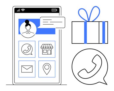 Akıllı telefon ekranında arama, e-posta, yer ve depolama gibi iletişim simgelerini içeren kullanıcı profili. Hediye kutusu simgesi ve yakınlarda büyük bir telefon ikonu. İletişim, ekommerans, sosyal medya için ideal