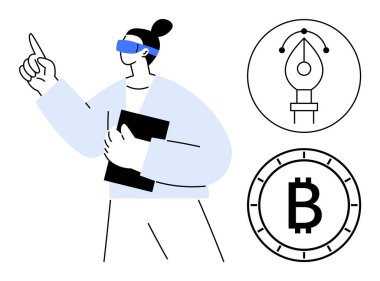 VR kulaklık takan, parmağıyla işaret eden, elinde tablet tutan biri. Kripto para ve tasarım araçlarının sembolleri. Teknoloji için ideal, sanal gerçeklik, kripto para birimi, finans, dijital tasarım