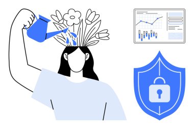 Kafasından çiçekleri sulayan kadın, grafikli analiz çizelgesi, kilit ikonlu güvenlik kalkanı. Kişisel büyüme, zihinsel sağlık, veri analizi, siber güvenlik, kişisel gelişim için ideal