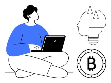 Dizüstü bilgisayar kullanan şahıs, siluetinde oklar olan ampul, bitcoin sembolü. Finans, teknoloji, yenilik, kripto para birimi yatırımları, uzaktan çalışma, dijital ekonomi için ideal