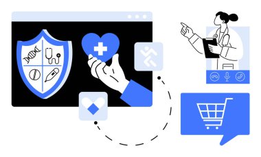 Medical shield on a screen, hand holding a heart with a cross, doctor pointing at clipboard, and shopping cart icon. Ideal for telemedicine, e-health, online medical consultation, healthcare apps clipart