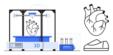 3D printer creating a human heart model. Nearby are test tubes and a control unit. Ideal for healthcare, education, technology, innovation, bioengineering, scientific research, and medical training clipart