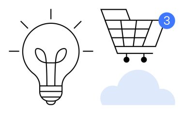 Ampul ikonu, tebligatlı alışveriş arabası ve bulut yenilik, e-ticaret ve bulut teknolojisini temsil ediyor. Çevrimiçi alışveriş, teknoloji hizmetleri, iş stratejileri ve yazılım için ideal