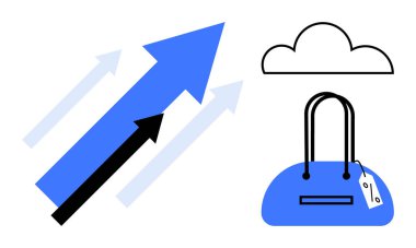 Mavi ve siyah oklar bir bulutun ve fiyat etiketi olan bir el çantasının yanında yukarı bakıyor. Ticari büyüme, bulut teknolojisi, perakende pazarlama, e-ticaret, satış stratejileri, trend analizi için ideal