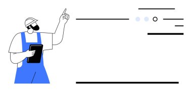 Elinde tablet tutan mavi tulumlu inşaat işçisi veri çizgilerine ve çemberlere bakıyor. Proje planlaması, inşaat yönetimi, mimari tasarım, veri analizi ve mühendislik için ideal