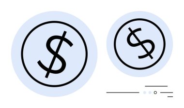 İki üst üste binen açık mavi daire, içinde siyah dolar işaretleri olan, basit geometrik çizgiler aksanlı. Finans, ekonomi, bankacılık, yatırım, muhasebe, bütçe planlaması, pazarlama için idealdir. Çizgi